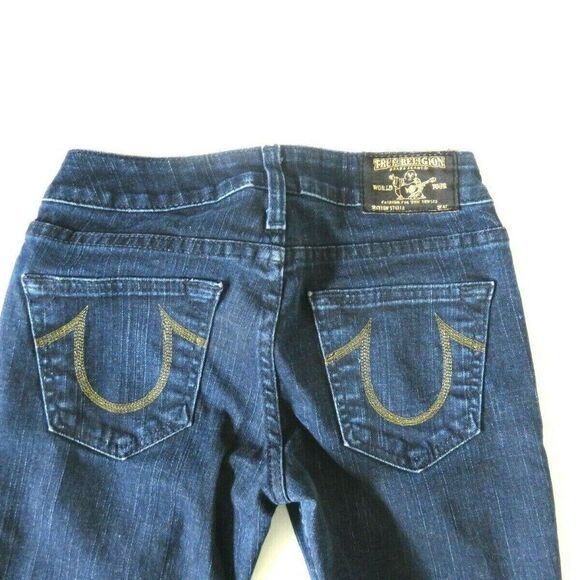 True Religion Stella Jeans Rare Gold Stitched Dark Blue Denim Women's Size 24 - Picture 5 of 11